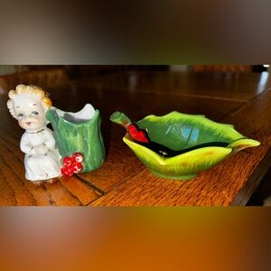 Vtg Angel Toothpick Holder Porcelain & Poinsettia Leaf Dish Ceramic Christmas
